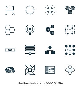 Set Of 16 Robotics Icons. Includes Radio Waves, Variable Architecture, Algorithm Illustration And Other Symbols. Beautiful Design Elements.
