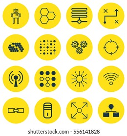 Set Of 16 Robotics Icons. Includes Information Base, Lightness Mode, Branching Program And Other Symbols. Beautiful Design Elements.