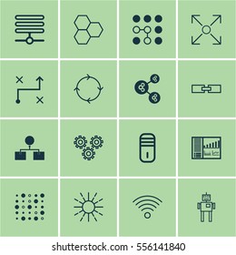 Set Of 16 Robotics Icons. Includes Analysis Diagram, Branching Program, Cyborg And Other Symbols. Beautiful Design Elements.