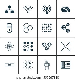 Set Of 16 Robotics Icons. Includes Cyborg, Related Information, Hive Pattern And Other Symbols. Beautiful Design Elements.