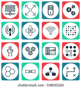 Set Of 16 Robotics Icons. Includes Computing Problems, Atomic Cpu, Variable Architecture And Other Symbols. Beautiful Design Elements.
