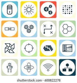 Set Of 16 Robotics Icons. Includes Wireless Communications, Mainframe, Mechanism Parts And Other Symbols. Beautiful Design Elements.