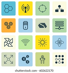 Set Of 16 Robotics Icons. Includes Mechanism Parts, Mainframe, Information Components And Other Symbols. Beautiful Design Elements.
