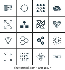 Set Of 16 Robotics Icons. Includes Controlling Board, Algorithm Illustration, Atomic Cpu And Other Symbols. Beautiful Design Elements.