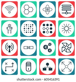 Set Of 16 Robotics Icons. Includes Information Components, Lightness Mode, Radio Waves And Other Symbols. Beautiful Design Elements.
