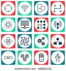Set Of 16 Robotics Icons. Includes Laptop Ventilator, Mechanism Parts, Algorithm Illustration And Other Symbols. Beautiful Design Elements.