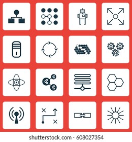 Set Of 16 Robotics Icons. Includes Branching Program, Analysis Diagram, Related Information And Other Symbols. Beautiful Design Elements.