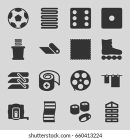 Set of 16 roll filled icons such as shutter blinds, dice, carpet, towels, cloth hanging, bandage, blinds, sushi