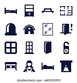 set of 16 room filled icons such as bed, window, barn, door, do not disturb, maid, cupboard, plan, door warning, office desk, table