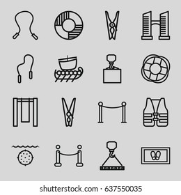 set of 16 rope outline icons such as bridge, red carpet barrier, cloth pin, foot carpet, hook with cargo, red carpet, lifebuoy, life vest, water military
