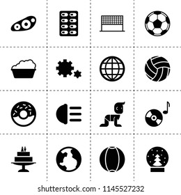 Set of 16 round filled icons such as gear, basin, front car light, hight beem light, globe, music disc, ball, baby, cake, snow ball, medicine pills, volleyball net, volleyball