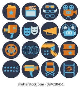 Set of 16 round flat icons with cinematography symbols