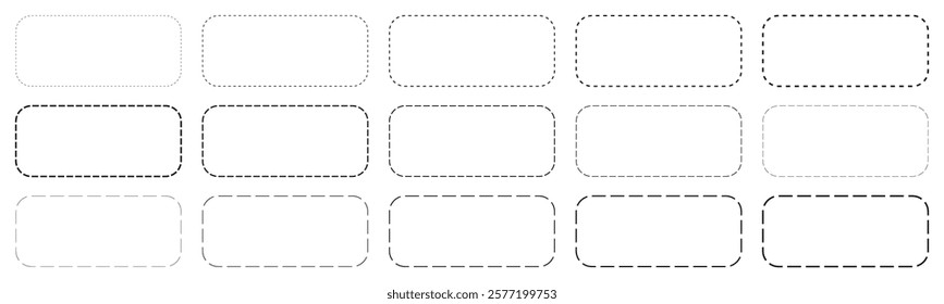 A set of 16 rounded rectangle frames with various dashed, dotted, and solid borders, ideal for graphic design and layouts.