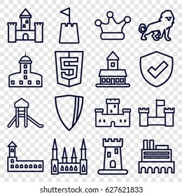 Set of 16 royal outline icons such as lion, castle, crown, castle tower