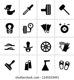 Set of 16 rubber filled icons such as whell, wheel balance, tire, scraper, gloves, plunger, tire pressure, duck, pacifier, rubber hummer, pipette, life jacket, flippers
