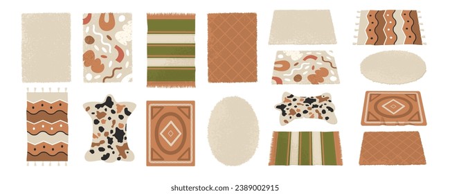 A set of 16 rugs of different shapes, textures and patterns. Top view and isometric view. Floor covering in home interior. Decor, cozy home interior. Isolated vector illustration.