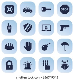 Set Of 16 Safety Icons Set.Collection Of Alarm, Sign, Key And Other Elements.