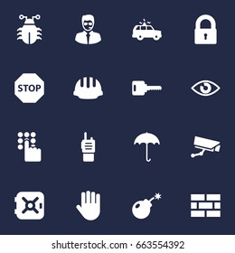 Set Of 16 Safety Icons Set.Collection Of Hardhat, Security Man, Look And Other Elements.