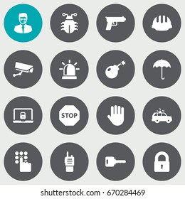 Set Of 16 Safety Icons Set.Collection Of Security Man, Hardhat, Keypad And Other Elements.