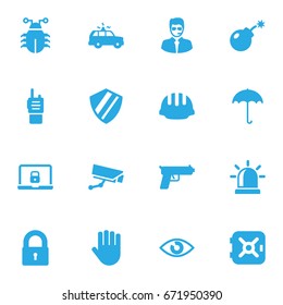 Set Of 16 Safety Icons Set.Collection Of Insurance, Protection, Hardhat And Other Elements.