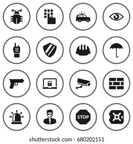 Set Of 16 Safety Icons Set.Collection Of Shot, Look, Hardhat And Other Elements.