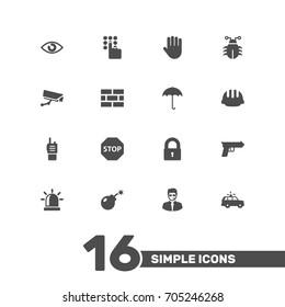 Set Of 16 Safety Icons Set.Collection Of Patrol, Security Man, Look And Other Elements.