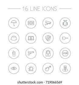 Set Of 16 Safety Outline Icons Set.Collection Of Bodyguard, Firewall, Lock And Other Elements.