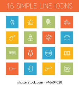 Set Of 16 Safety Outline Icons Set.Collection Of Hand , Safe , Alarm Elements.