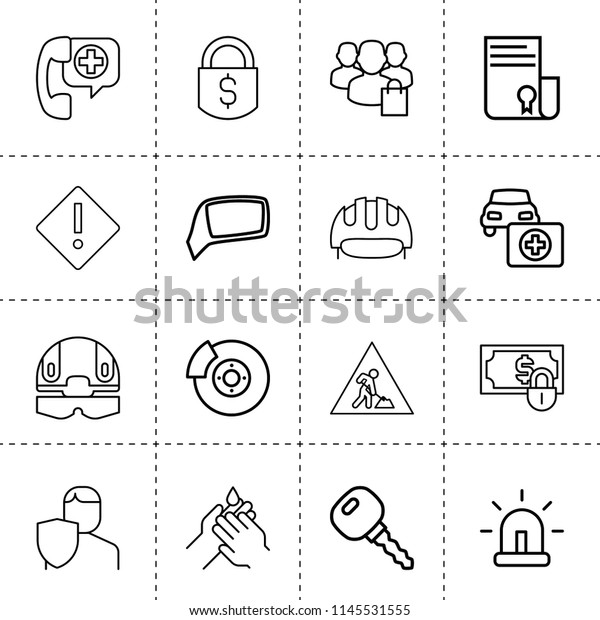 Set of 16 safety\
outline icons such as sertificate, car key, siren, car first aid\
kit, insurance, break, road working sign, work helmet, money lock,\
car mirror, money security