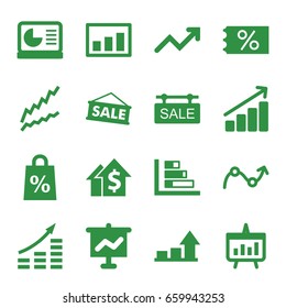 set of 16 sales filled icons such as sale tag, graph, chart, chart on display, sale, money growth, dolar growth