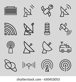 Set of 16 satellite outline icons such as business center building, signal