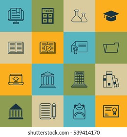 Set Of 16 School Icons. Includes Electronic Tool, Opened Book, E-Study And Other Symbols. Beautiful Design Elements.