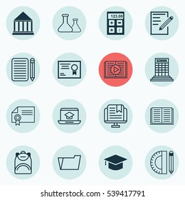 Set Of 16 School Icons. Includes Education Tools, Document Case, Graduation And Other Symbols. Beautiful Design Elements.