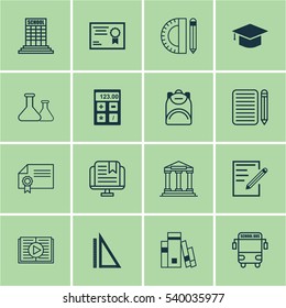 Set Of 16 School Icons. Includes College, Transport Vehicle, Education Tools And Other Symbols. Beautiful Design Elements.