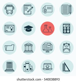 Set Of 16 School Icons. Includes Haversack, Distance Learning, Certificate And Other Symbols. Beautiful Design Elements.