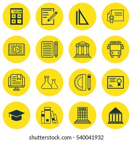Set Of 16 School Icons. Includes Chemical, Library, Measurement And Other Symbols. Beautiful Design Elements.