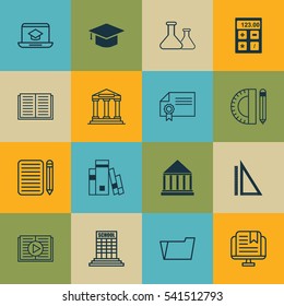 Set Of 16 School Icons. Includes Chemical, E-Study, Library And Other Symbols. Beautiful Design Elements.