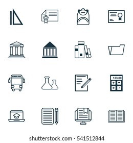 Set Of 16 School Icons. Includes Certificate, Paper, Document Case And Other Symbols. Beautiful Design Elements.