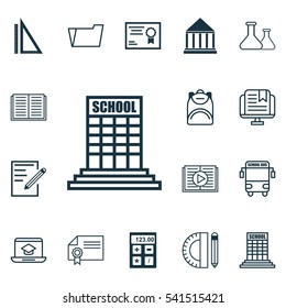 Set Of 16 School Icons. Includes Certificate, Transport Vehicle, Education Tools And Other Symbols. Beautiful Design Elements.