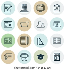 Set Of 16 School Icons. Includes Graduation, Measurement, Opened Book And Other Symbols. Beautiful Design Elements.
