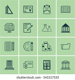 Set Of 16 School Icons. Includes Certificate, Home Work, Library And Other Symbols. Beautiful Design Elements.