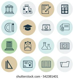 Set Of 16 School Icons. Includes Measurement, Certificate, Document Case And Other Symbols. Beautiful Design Elements.