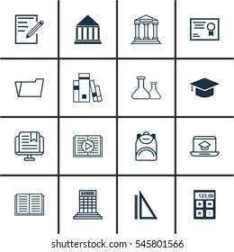 Set Of 16 School Icons. Includes E-Study, Electronic Tool, Haversack And Other Symbols. Beautiful Design Elements.