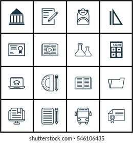 Set Of 16 School Icons. Includes Home Work, Certificate, Measurement And Other Symbols. Beautiful Design Elements.