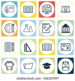 Set Of 16 School Icons. Includes Opened Book, Education Center, Diploma And Other Symbols. Beautiful Design Elements.