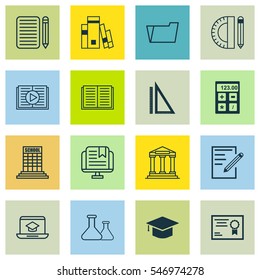 Set Of 16 School Icons. Includes Certificate, Electronic Tool, Graduation And Other Symbols. Beautiful Design Elements.