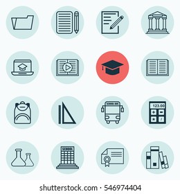 Set Of 16 School Icons. Includes Transport Vehicle, Library, Home Work And Other Symbols. Beautiful Design Elements.