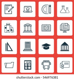 Set Of 16 School Icons. Includes Academy, Library, Measurement And Other Symbols. Beautiful Design Elements.