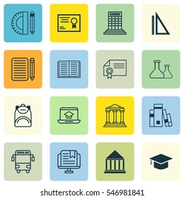 Set Of 16 School Icons. Includes Library, Education Tools, Opened Book And Other Symbols. Beautiful Design Elements.