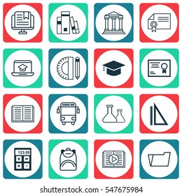 Set Of 16 School Icons. Includes Chemical, Haversack, Opened Book And Other Symbols. Beautiful Design Elements.